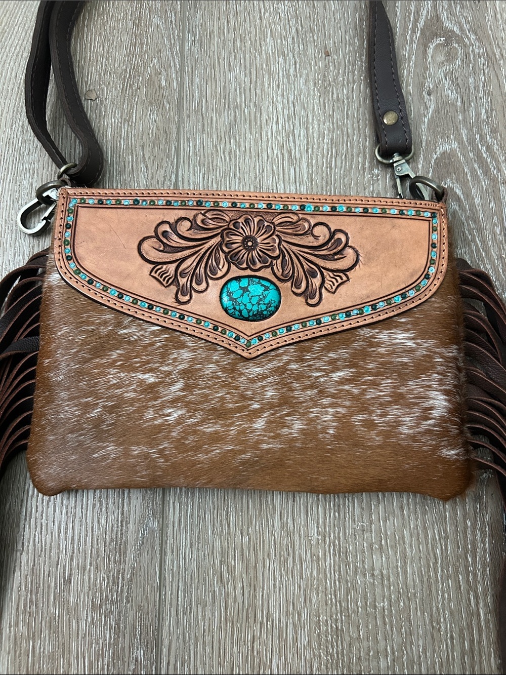 American Darling Hand Tooled Hair On Leather Crossbody Bag Purse Turquoise - Picture 2 of 8
